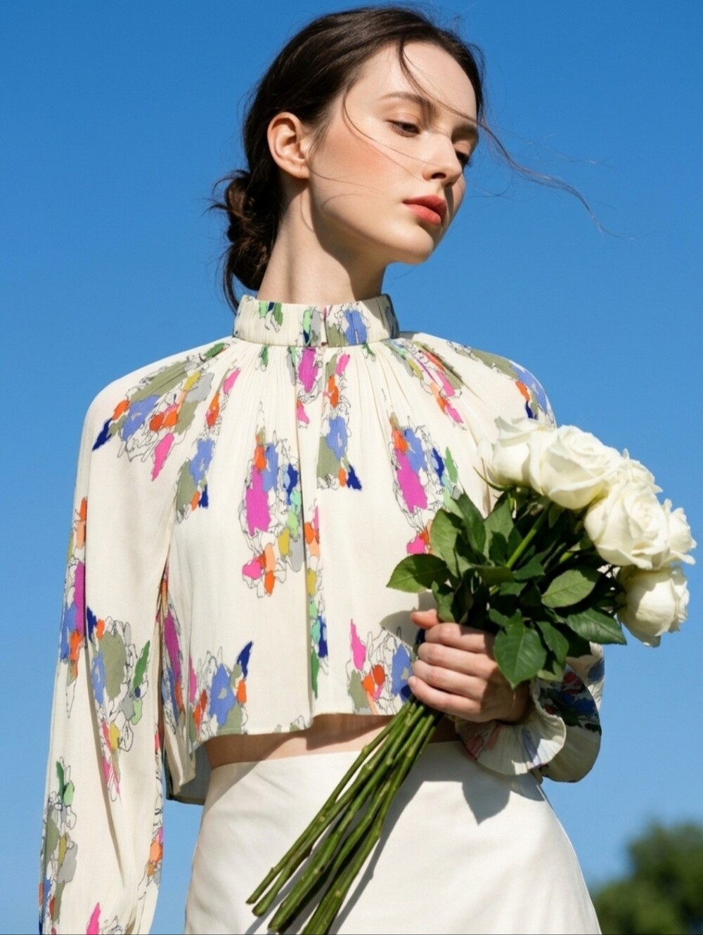 Tibi Floral Print Mock Neck Crop Top Size M